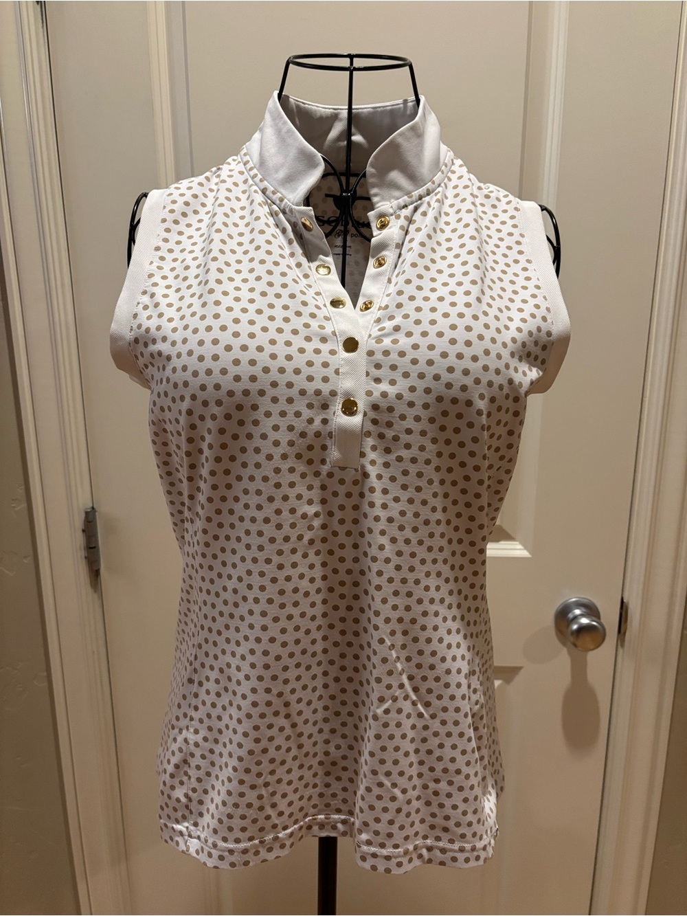 Sleeveless White Polka Dot Collared Top with Gold Buttons